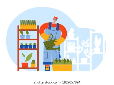 Home plants and female farmer, gardener, with red hair and glasses watering the flower pot. Vector flat illustration