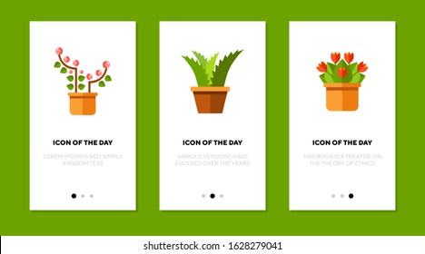 Home plants flat vector icon set. Pot, plant, leaf, green, blossom isolated sign pack. Gardening and plants concept. Vector illustration symbol elements for web design and apps.
