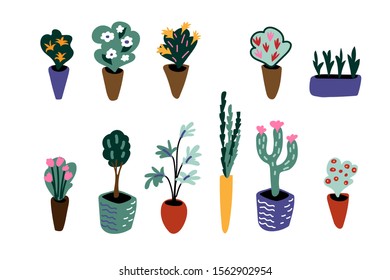 Home plants flat vector set. Collection of different flowers in colorful flowerpots isolated on white background. Green sprouts and decorative houseplants pack. Floriculture, floristry