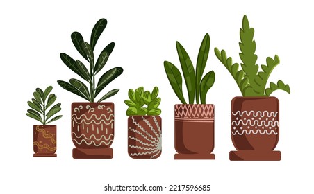 Home plants in flower pot. Houseplants isolated. Trendy hygge style, urban jungle decor. Hand drawn. Set collection. Print, poster, banner.