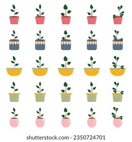 Home plants in flower pots. Isolated houseplants. Trendy hug style, urban jungle decor. Hand drawn. Collection sets. Green, blue, pink, brown, beige pastel colors. Print, poster, banner. Logos, labels