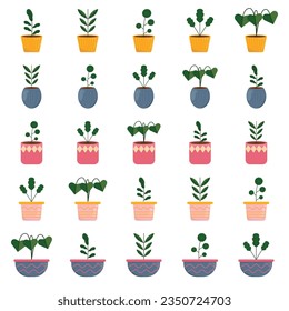 Home plants in flower pots. Isolated houseplants. Trendy hug style, urban jungle decor. Hand drawn. Collection sets. Green, blue, pink, brown, beige pastel colors. Print, poster, banner. Logos, labels