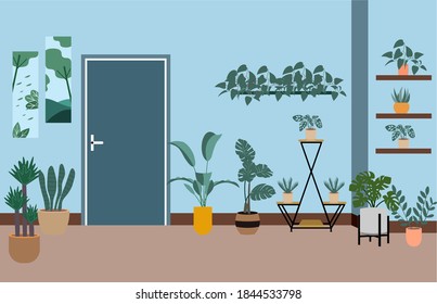 Home plants in flowerpot. Houseplants isolated. Trendy hugge style, urban jungle decor. Hand drawn. Set collection. Green, blue, pink, brown, beige, black colors. Print, poster, banner. Logo, label.