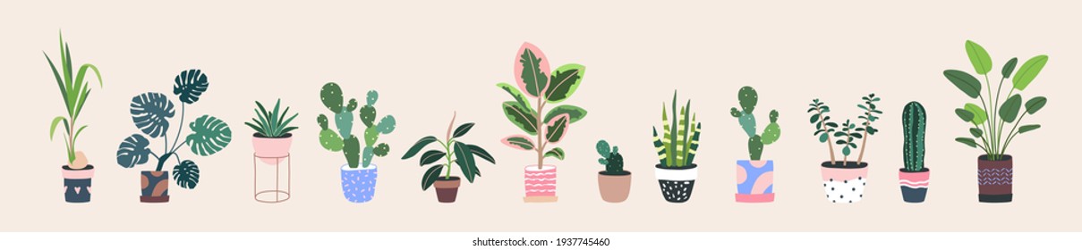 Home plants in flowerpot. Houseplants isolated. Trendy hugge style, urban jungle decor. Hand drawn. Set collection. Green, blue, pink, brown, beige pastel colors. Print, poster, banner. Logo, label. - Shutterstock ID 1937745460