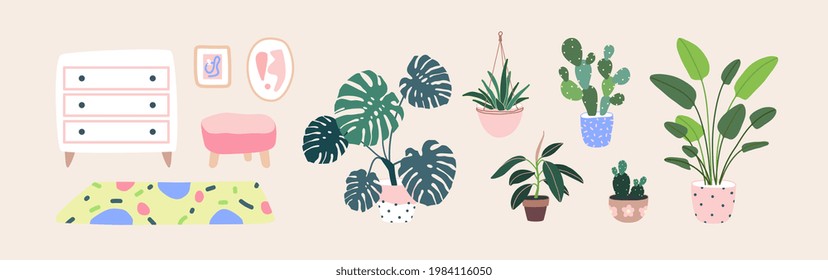 Home plants in flowerpot. Houseplants isolated. Living room furniture. Trendy hugge style, vintage urban jungle decor. Hand drawn. Set collection. Green, pink, yellow, beige, blue color. Print, poster