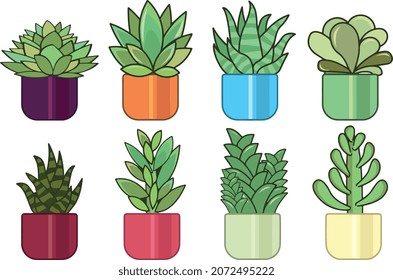 Home plants in flowerpot. Houseplants isolated. Trendy hugge style, urban jungle decor. Hand drawn. Set collection. Green, blue, pink, brown, beige pastel colors. Print, poster, banner. Logo, label.