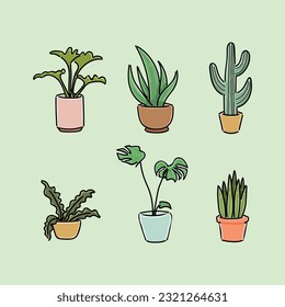 Home plants in flowerpot. Houseplants isolated. Trendy hugge style, urban jungle decor. Hand drawn. Set collection. Green, blue, pink, brown, beige pastel colors. Print, poster, banner. Logo, label.