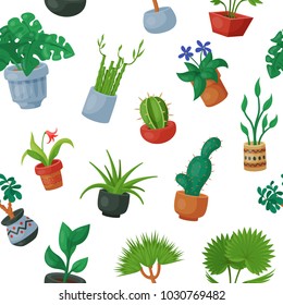 Home plants in flowerpots vector potted flowery houseplants for interior decoration botanic collection floral cactuses in pots and flowers botanical garden illustration seamless pattern background