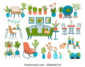 Home plants with furniture interiors. Vintage sofas and armchairs surrounded ornamental plants in pots. Scandinavian decor in apartments and houses. Natural beauty at home. Vector cartoon set