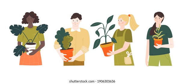 Home plants gardeners. Male and female characters holding pots. Vector illustration of people with green hobby. Girls and man isolated on white background