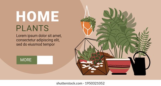 Banner horizontal de plantas domésticas con texto editable más botón e imágenes de flores en macetas decorativas ilustración vectorial