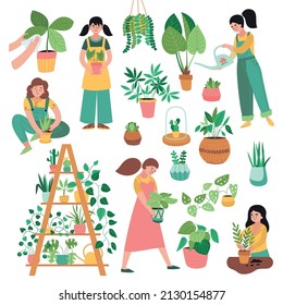 Home plants icon set with green plants in pods women caring for seedlings and flowers vector illustration