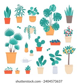 Home plants. Indoor potted flowers, interior live decorations, ficuses, cacti and succulents, room greenhouse, exotic palms, lemon tree and monstera, cartoon flat isolated vector set