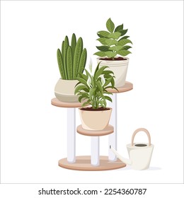 Heimpflanzen im minimalistischen Topf auf hölzernen Regalen und Tränkanlagen. Wohnungsdekoration und Gartenbau. Cute einzelne Vektorgrafik. Sansevieria, Spathiphyllum, Philodendron