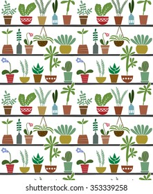 Home plants on the shelves seamless pattern. Vector background.