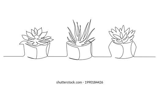 Home plants in one Continuous Line Drawing. Potted Cactus and Succulent in simple linear style isolated on white background. Vector illustration