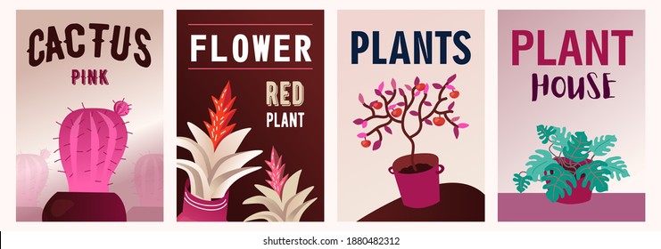 Afiches de plantas de hogar. Cactus, monstera, suculentos en macetas ilustraciones vectoriales con texto. Concepto de flores y jardinería para el diseño de folletos y folletos