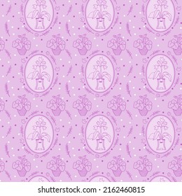 Home plants in a pot round frames and dots seamless pattern