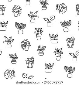 Plantas caseras en maceta. Patrón sin costuras. Página para colorear. Plantas domésticas. Flores de interior con subgrupos y hojas. Estilo dibujado a mano. Dibujo de Vector. Diseñar adornos.