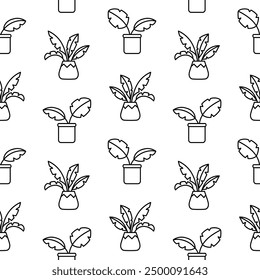 Home plants in pot. Seamless pattern. Coloring Page. Houseplants. Indoor flowers with stems and leaves. Hand drawn style. Vector drawing. Design ornaments.