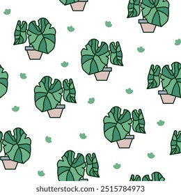 Home plants in pot. Seamless pattern. Houseplants. Indoor flowers with stems and leaves. Hand drawn style. Vector drawing. Design ornaments.