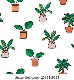 Home plants in pot. Seamless pattern. Houseplants. Indoor flowers with stems and leaves. Hand drawn style. Vector drawing. Design ornaments.