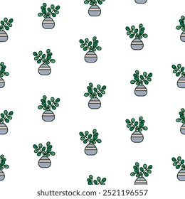 Home plants in pot. Seamless pattern. Houseplants. Indoor flowers with stems and leaves. Hand drawn style. Vector drawing. Design ornaments.