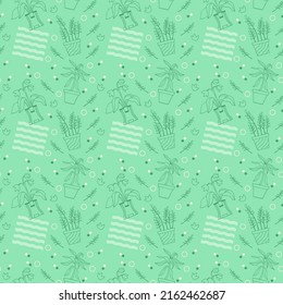 Home plants in a pot waves and dots seamless pattern