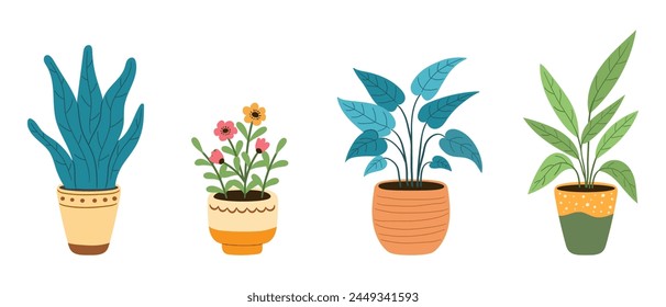 Plantas caseras en macetas, aisladas sobre un fondo blanco, Ilustración vectorial plana de dibujos animados. Lindas plantas de casa y flores en macetas, dibujadas a mano, garabato.