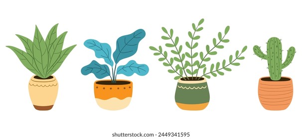 Home plants in pots, isolated on a white background, flat cartoon vector illustration. Cute houseplants and potted flowers, hand drawn, doodle.