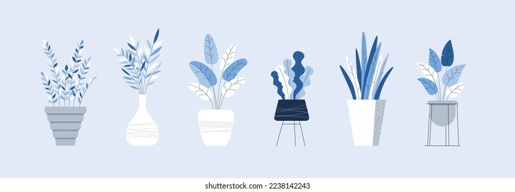 Plantas domésticas en macetas en el estrado, jarrón. Plantilla aislada de zamioculcas, sansevieria, planta de serpientes, ficus de estilo plano con contorno para el diseño interior. Ilustración vectorial botánica con ramas, hojas.