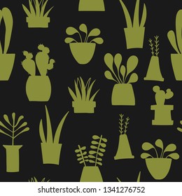 Home plants in pots. Seamless pattern on dark background. Hand-drawn vector illustration