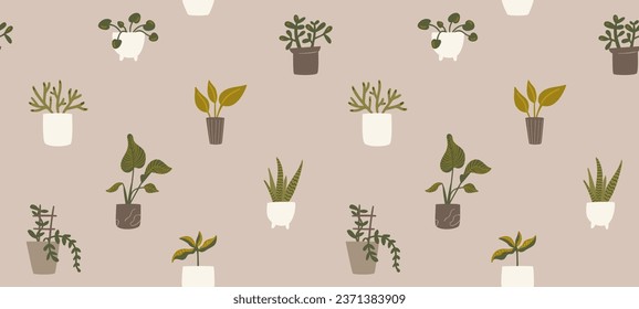 Home plants pots seamless pattern on beige kraft paper, different potted houseplants vector background.