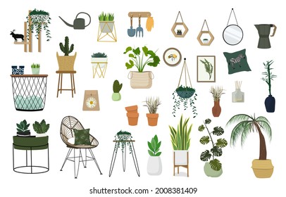 Home plants in pots and wicker baskets, on wooden stands. Various accessories for indoor flowers.  Urban jungle decor.  A set of vector illustrations isolated on a white background.