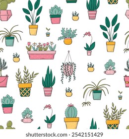Home plants seamless pattern decorated with cartoon elements, doodles for wallpaper, wrapping paper, scrapbooking, stationery, backgrounds, textile prints, etc. EPS 10