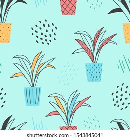 Home plants seamless pattern for print, textile, fabric. Hand drawn plants in pots background.
