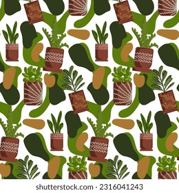 Home plants seamless pattern. Repeating design element for printing on fabric. Gardening and love for nature and environment. Cartoon flat vector illustration