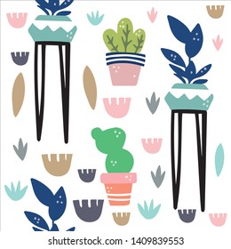 Home plants seamless pattern, vector design for wrapping paper, textile, background fill design.