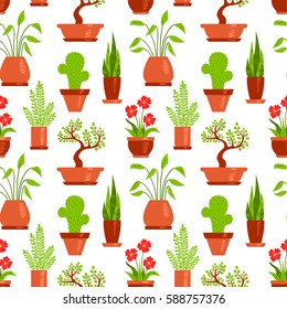 Home plants seamless pattern white. Vector background.
