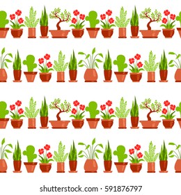 Home plants seamless pattern white. Vector background.