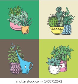 Home plants set. Beautiful hand drawn sketch style illustrations.