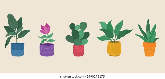 Home plants are set in a flowerpot Interior potted Vector illustration