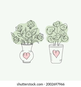 Home plants in vases. Abstract indoor flowers in pots. Plant care. Vector drawings in the style of doodle. Isolated white background.