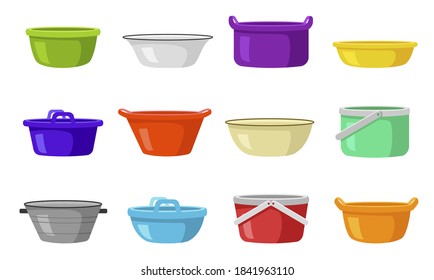 Home Plastic Dish, Pan Basin Bright Set. Multi Colors Utensils For Household Tasks, Soaking Laundry, Doing The Dishes. Vector Flat Style Cartoon Illustration Isolated On White Background