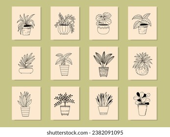 Home plats in flower pot vector illustration. Houseplats isolated line drawing black and white.