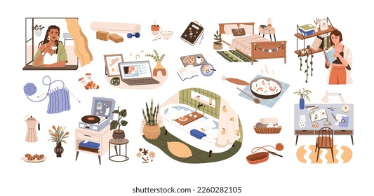 Home pleasures, comforts set. Cosy stuff for indoor rest, relaxation. Homey hobbies, relaxing pastime, pleasant leisure, recreation. Flat graphic vector illustrations isolated on white background