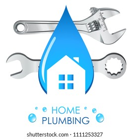 home plumbing - house, water drop and tools