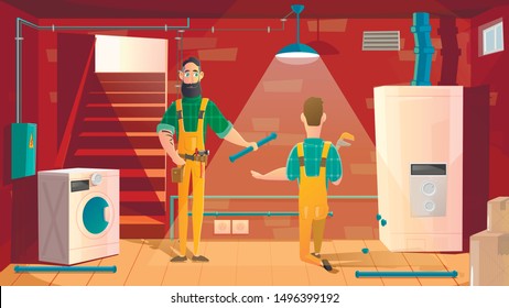 Home Plumbing, Repair Or Appliances Installation Service Cartoon Vector Concept. Workers In Uniform Repairing Water Pile Line In House Basement, Installing New Boiler Ow Washing Machine Illustration