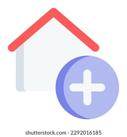 Home with plus symbol in flat icon. Add, new, house, real estate, residential