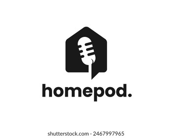 Home and Podcast or Radio Logo design using Microphone and Bubble chat or talk icon